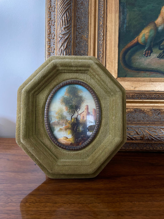 Vintage Miniature Landscape Painting Green Velvet Hexagonal Frame