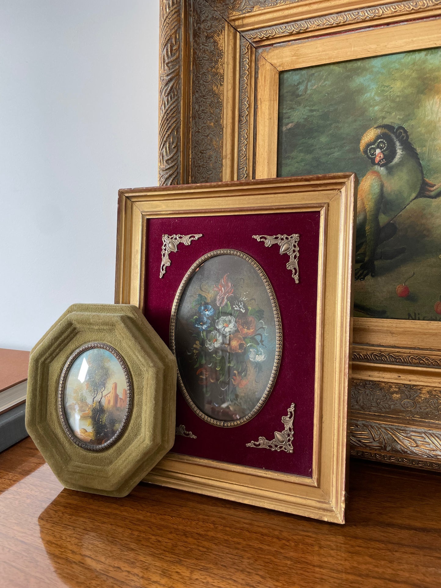 Vintage Miniature Landscape Painting Green Velvet Hexagonal Frame